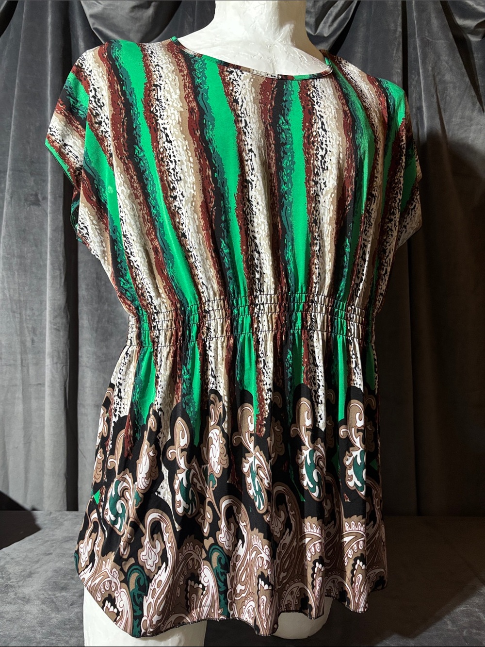Green Striped & Paisley Short Sleeve Tunic Top